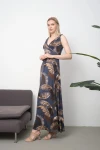 Lacivert V Yaka Kolsuz Maxi Boy Örme Viscon Elbise BCVS-252054