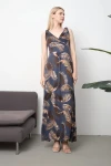 Lacivert V Yaka Kolsuz Maxi Boy Örme Viscon Elbise BCVS-252054