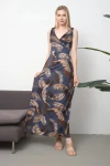 Lacivert V Yaka Kolsuz Maxi Boy Örme Viscon Elbise BCVS-252054