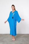 Maxi Boy Mavi Nakış İşlemeli Dokuma Viscon Elbise BCVL-25V039