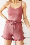 Pembe İp Askılı Fırfırlı Pamuklu Ev Giyimi Pijama Takım BC241122