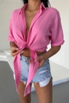 Pembe Müslin Keten Bağlamalı Bluz BCBT-251000