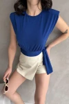 Saks Omuzu Vatkalı Beli Kuşaklı Bluz BCDF-252160