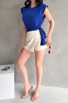 Saks Omuzu Vatkalı Beli Kuşaklı Bluz BCDF-252160