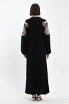 Maxi Boy Siyah Bağcıklı Nakış İşlemeli Uzun Boy Dokuma Elbise BCVL-24940