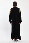 Maxi Boy Siyah Bağcıklı Nakış İşlemeli Uzun Boy Dokuma Elbise BCVL-24939