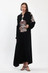 Maxi Boy Siyah Bağcıklı Nakış İşlemeli Uzun Boy Dokuma Elbise BCVL-24940