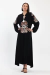 Maxi Boy Siyah Bağcıklı Nakış İşlemeli Uzun Boy Dokuma Elbise BCVL-24940
