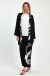 Maxi Boy Siyah Beyaz Baskılı Kimono Ve Pantolon Dokuma Viscon Alt Üst Takım BCVL-251084