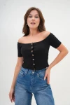 Siyah Düğme Detaylı Fitilli Kaşkorse Bluz BC25PKN05