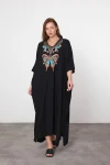 Maxi Boy Siyah Mavi Nakış İşlemeli Dokuma Viscon Elbise BCVL-25V046