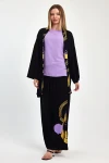 Maxi Boy Siyah Mor Baskılı Kimono Ve Pantolon Dokuma Viscon Alt Üst Takım BCVL-251084