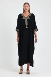 Maxi Boy Siyah Nakış İşlemeli Dokuma Viscon Elbise BCVL-251086