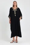 Maxi Boy Siyah Nakış İşlemeli Dokuma Viscon Elbise BCVL-251086