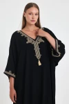 Maxi Boy Siyah Nakış İşlemeli Dokuma Viscon Elbise BCVL-251086