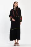 Maxi Boy Siyah Nakış İşlemeli Dokuma Viscon Elbise BCVL-25967