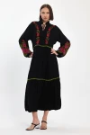 Maxi Boy Siyah Nakış İşlemeli Dokuma Viscon Elbise BCVL-25967