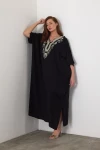 Maxi Boy Siyah Nakış İşlemeli Dokuma Viscon Elbise BCVL-25V043
