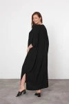 Maxi Boy Siyah Nakış İşlemeli Dokuma Viscon Elbise BCVL-25V044