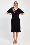 Maxi Boy Siyah Nakış İşlemeli Örme Viscon Elbise BCVL-251040