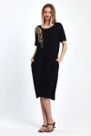 Maxi Boy Siyah Nakış İşlemeli Örme Viscon Elbise BCVL-251048