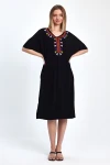 Maxi Boy Siyah Nakış İşlemeli Örme Viscon Elbise BCVL-251053
