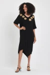 Maxi Boy Siyah Nakış İşlemeli Örme Viscon Elbise BCVL-251064