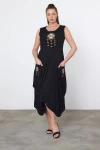 Maxi Boy Siyah Nakış İşlemeli Örme Viscon Elbise BCVL-25V035