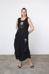 Maxi Boy Siyah Nakış İşlemeli Örme Viscon Elbise BCVL-25V035