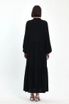 Maxi Boy Siyah Nakış İşlemeli Uzun Viscon Dokuma Elbise BCVL-251004