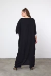 Maxi Boy Siyah Nakış İşlemeli V Yaka Dokuma Viscon Elbise BCVL-251054
