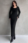 Siyah Önü Bağcık Detaylı Maxi Boy Elbise BCDF-252151