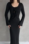 Siyah Önü Bağcık Detaylı Maxi Boy Elbise BCDF-252151