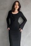 Siyah Önü Bağcık Detaylı Maxi Boy Elbise BCDF-252151