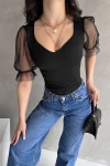 Siyah Prenses Kol Tül Detaylı Crep Bluz BCDF-252167