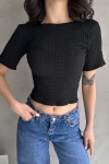 Siyah Sırt Dekolteli Basic Gofre Bluz BCDF-252170