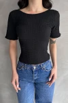 Siyah Sırt Dekolteli Basic Gofre Bluz BCDF-252170