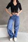 Siyah V Yaka Önü Bağlamalı Gofre Crop Bluz BCDF-252169