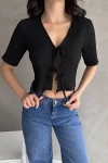 Siyah V Yaka Önü Bağlamalı Gofre Crop Bluz BCDF-252169