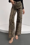 Siyah Yüksek Bel Leopar Desenli İspanyol Paça Pantolon BCDF-241106