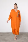 Maxi Boy Turuncu Nakış İşlemeli Dokuma Viscon Elbise BCVL-25V042
