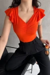 Turuncu V Yaka Omuzu Volan Detaylı Crep Bluz BCDF-252168