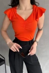 Turuncu V Yaka Omuzu Volan Detaylı Crep Bluz BCDF-252168