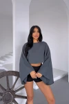 Antrasit Geniş Yaka Yarasa Kol Muslin Kumaş Keten Bluz BCBT-251003