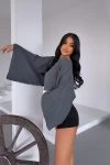 Antrasit Geniş Yaka Yarasa Kol Muslin Kumaş Keten Bluz BCBT-251003