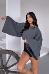 Antrasit Geniş Yaka Yarasa Kol Muslin Kumaş Keten Bluz BCBT-251003
