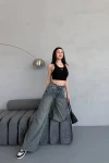 Antrasit Yüksek Bel Yıkamalı Baggy Palazzo Jean Pantolon BCNW-251416