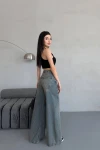 Antrasit Yüksek Bel Yıkamalı Baggy Palazzo Jean Pantolon BCNW-251416