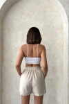Bej Beli Büzgülü Kuşak Detaylı Lastikli Keten Şort BCHN-2525265