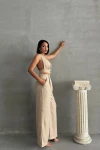 Bej Dekolteli Crop Bluz Ve Pantolonlu Keten Dokuma Alt Üst Takım BCHN-25255012